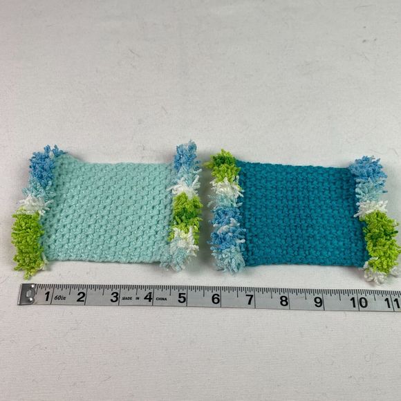 Mug Rugs Handmade Crochet Turquoise Blue Green White Cotton Fringe 4 Coasters - Picture 4 of 7